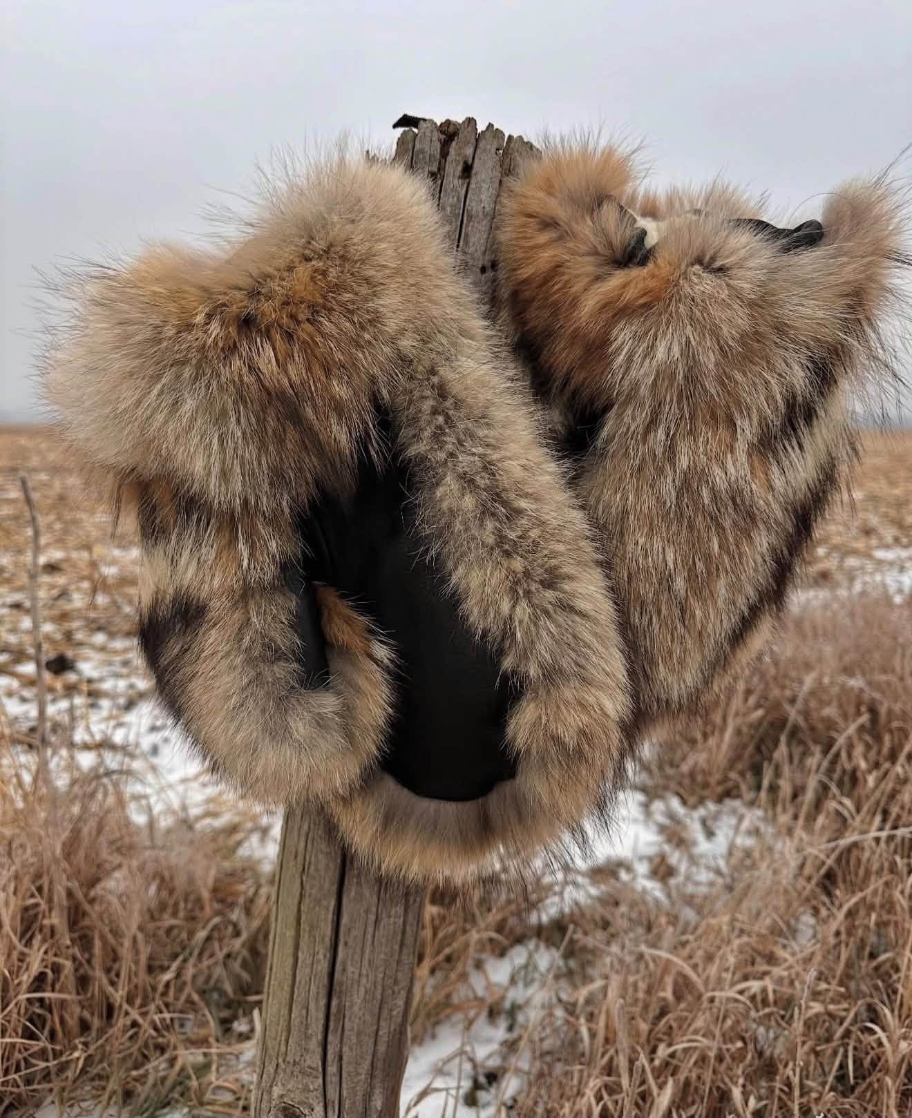 Coyote fur hat set on a fence post in a snowy field